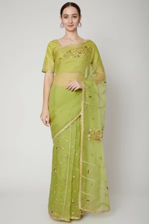 Lime Green Embroidered Saree Set