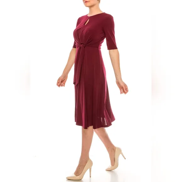 London Times Merlot Short Sleeve A-Line Midi Day Dress