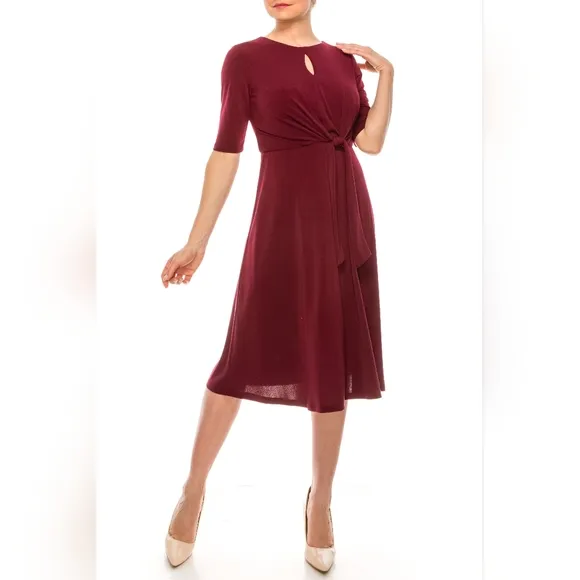 London Times Merlot Short Sleeve A-Line Midi Day Dress