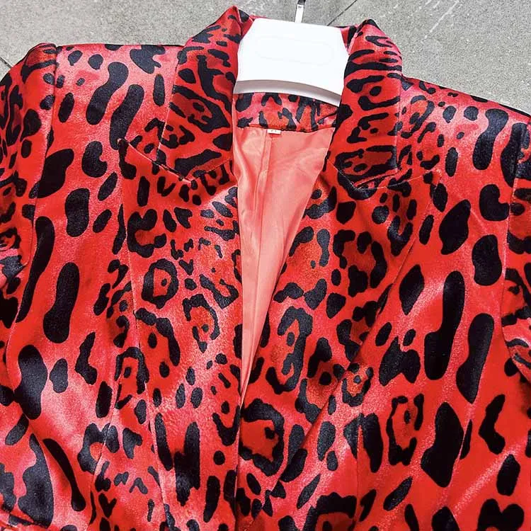 Long Sleeve Animal Print Suit Red Velvet Pantsuit Slim Fit Chic Suit