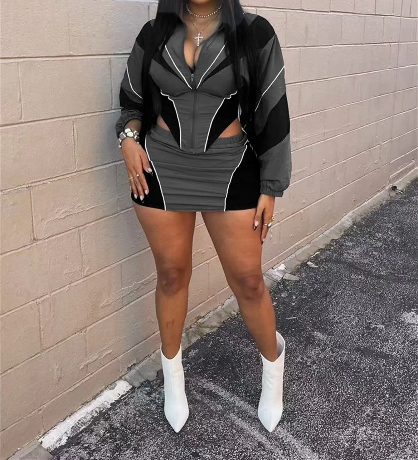 Loose casual contrast color long-sleeved jacket and skirt suit