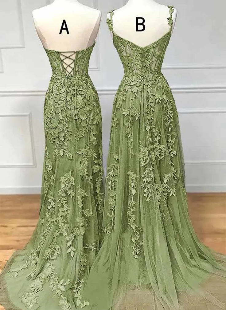 Lovely Sage Green Tulle with Lace Long Formal Dress, Sweetheart Prom Dress     fg4487