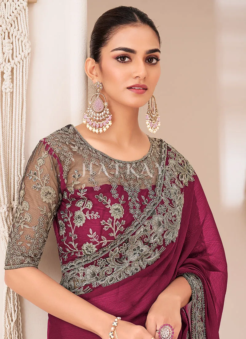 Magenta Embroidery Georgette Saree