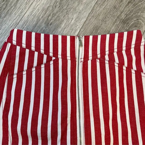 MANGO - MNG Suit Red &amp; White Striped Mini Skirt w Zipper Cotton Linen Blend XS