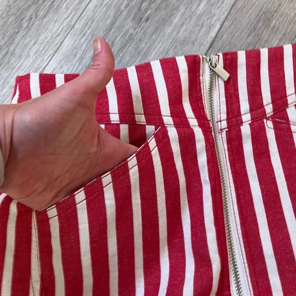 MANGO - MNG Suit Red &amp; White Striped Mini Skirt w Zipper Cotton Linen Blend XS