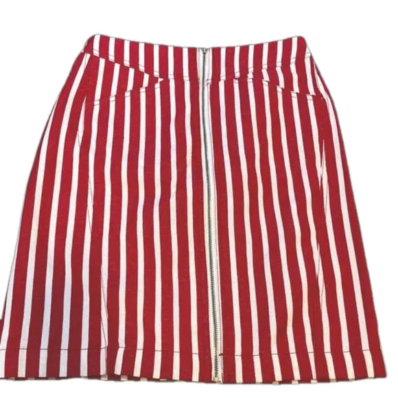 MANGO - MNG Suit Red &amp; White Striped Mini Skirt w Zipper Cotton Linen Blend XS