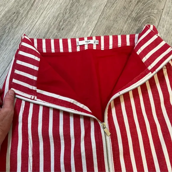 MANGO - MNG Suit Red &amp; White Striped Mini Skirt w Zipper Cotton Linen Blend XS