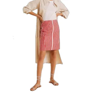 MANGO - MNG Suit Red &amp; White Striped Mini Skirt w Zipper Cotton Linen Blend XS