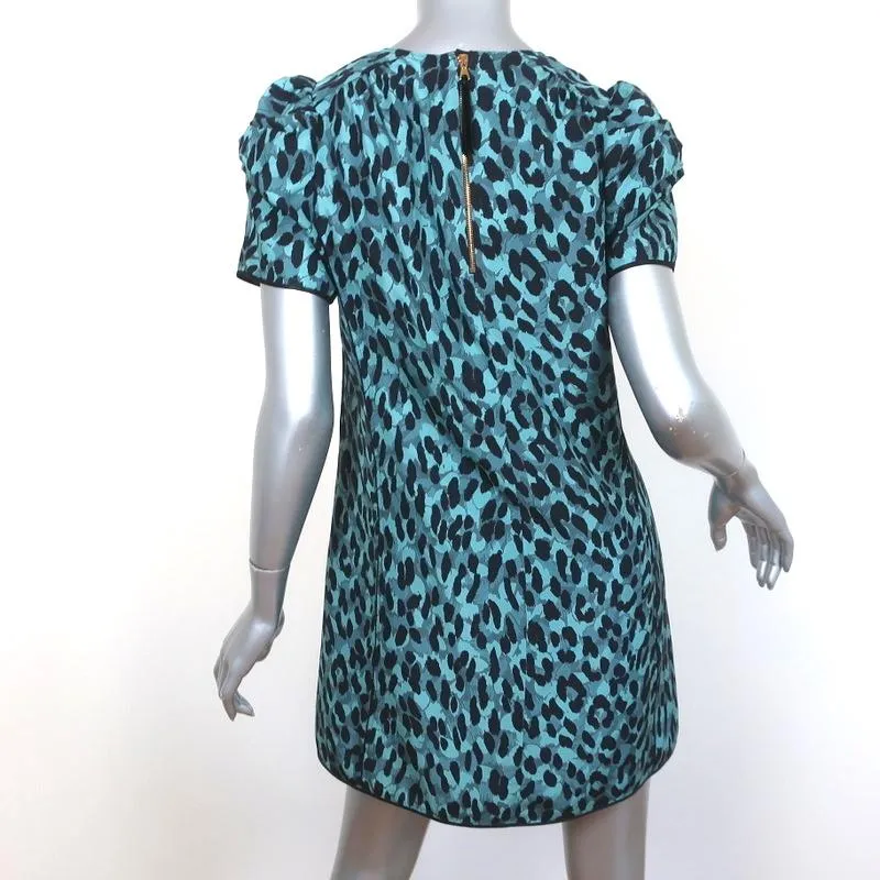 Marc Jacobs Mini Dress Blue Leopard Print Silk Size 2 Short Sleeve Shift