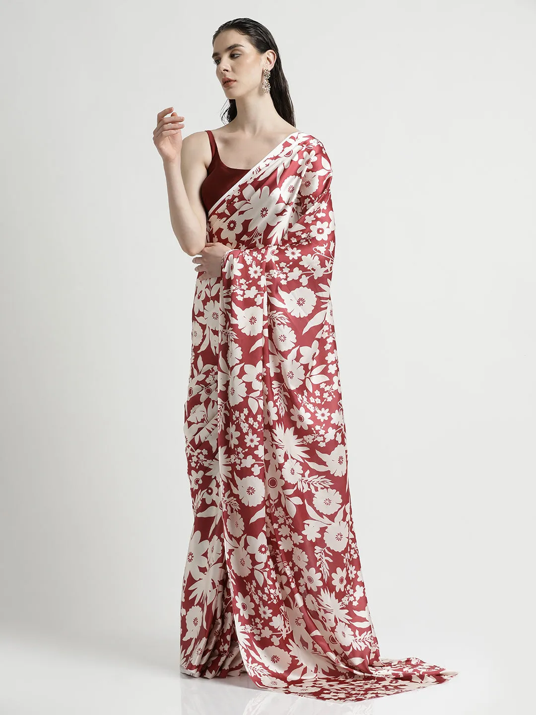 Maroon Floral Printed Japan Silk Saree