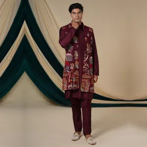 Maroon Georgette Multicolour Threadwork Kurta Set With Jacket