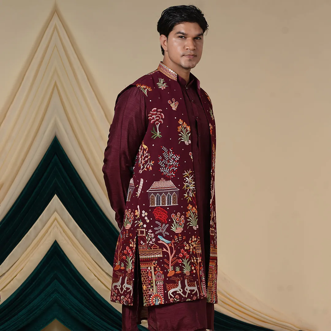 Maroon Georgette Multicolour Threadwork Kurta Set With Jacket