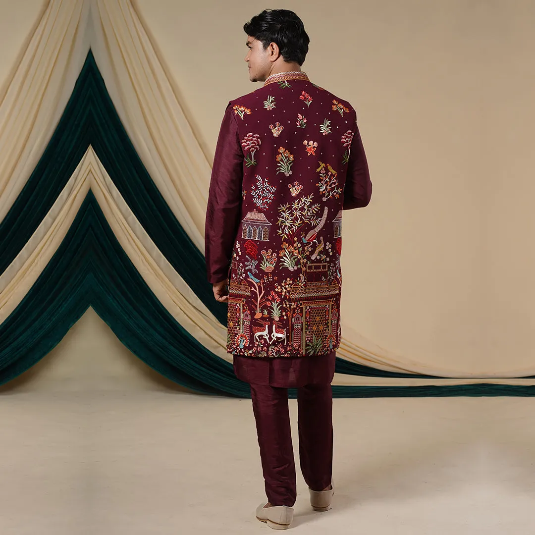 Maroon Georgette Multicolour Threadwork Kurta Set With Jacket