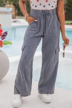Medium Grey Textured Multi Pockets Drawstring Waist Wide Leg Pants