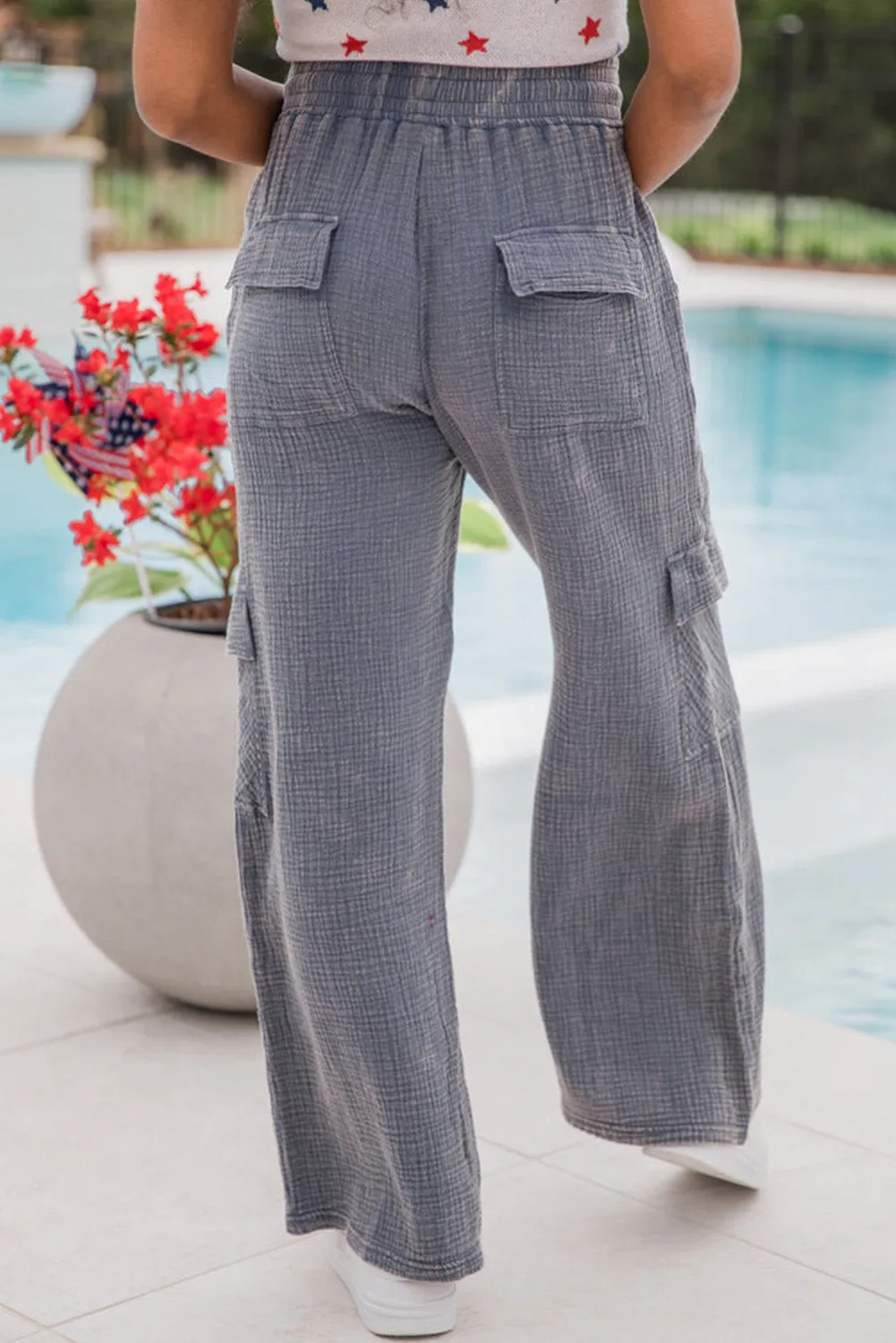 Medium Grey Textured Multi Pockets Drawstring Waist Wide Leg Pants