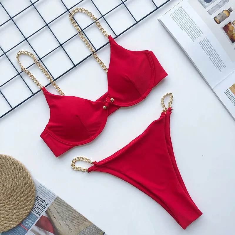 Metal Chain Bikini Pin Buckle Swimwear Two Piece Swim Suit
