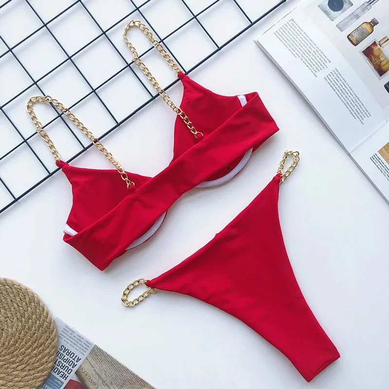 Metal Chain Bikini Pin Buckle Swimwear Two Piece Swim Suit