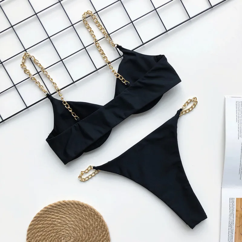 Metal Chain Bikini Pin Buckle Swimwear Two Piece Swim Suit