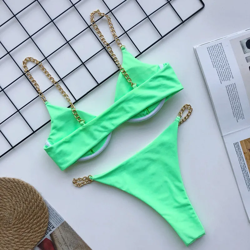 Metal Chain Bikini Pin Buckle Swimwear Two Piece Swim Suit