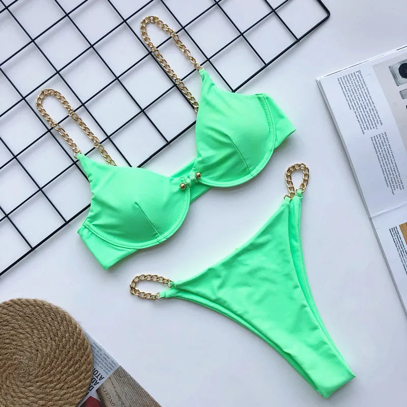 Metal Chain Bikini Pin Buckle Swimwear Two Piece Swim Suit
