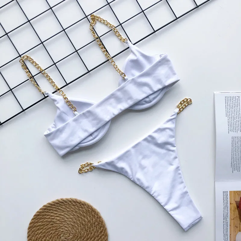 Metal Chain Bikini Pin Buckle Swimwear Two Piece Swim Suit