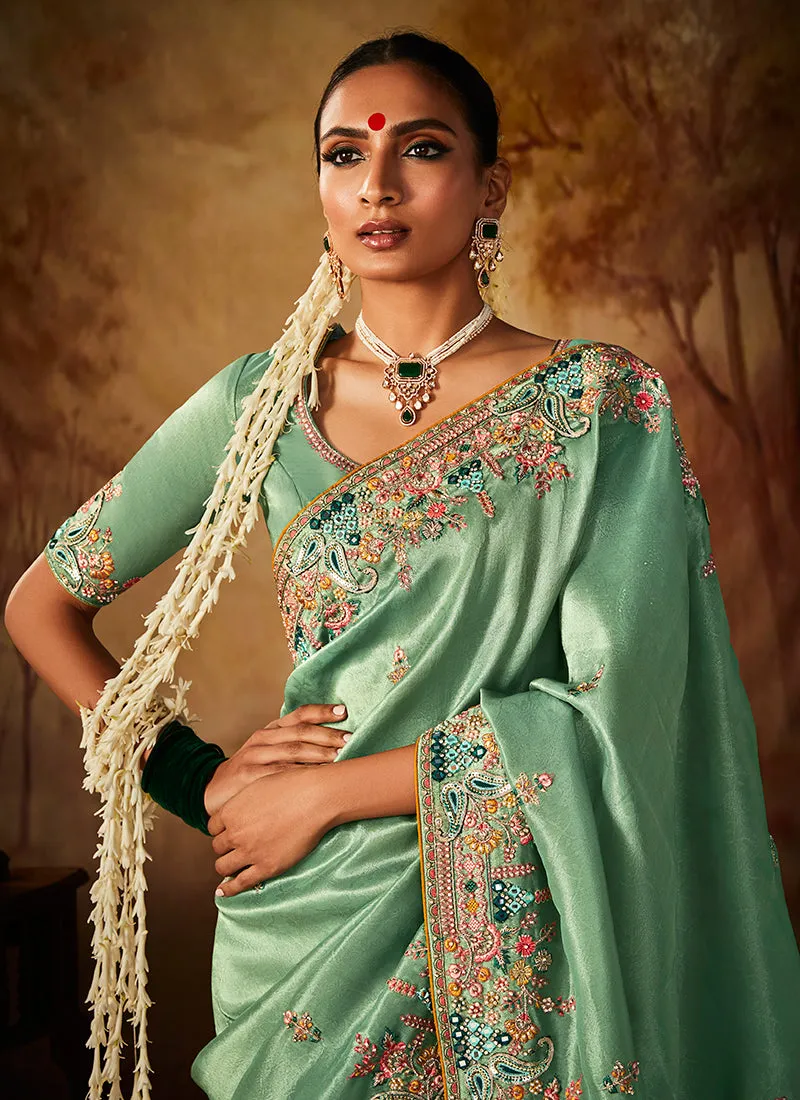 Mint Green Multi Embroidery Banarasi Kanjivaram Silk Saree