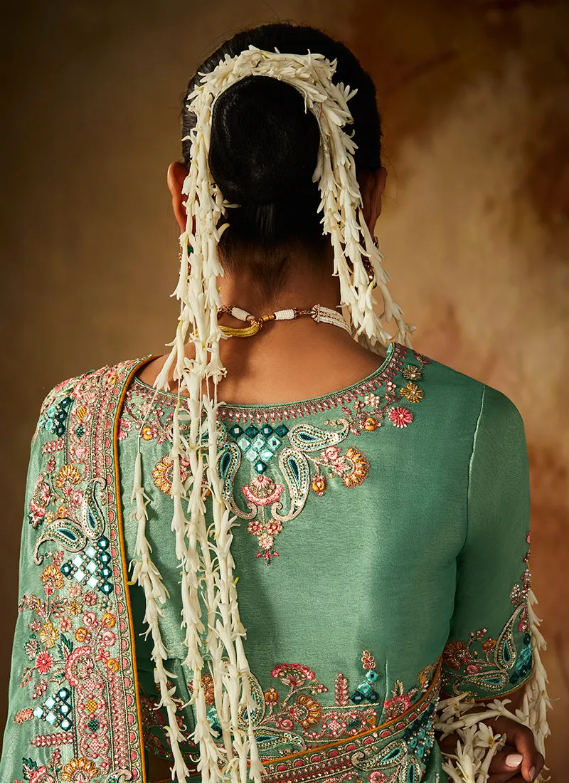 Mint Green Multi Embroidery Banarasi Kanjivaram Silk Saree