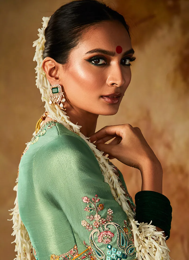 Mint Green Multi Embroidery Banarasi Kanjivaram Silk Saree