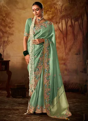 Mint Green Multi Embroidery Banarasi Kanjivaram Silk Saree
