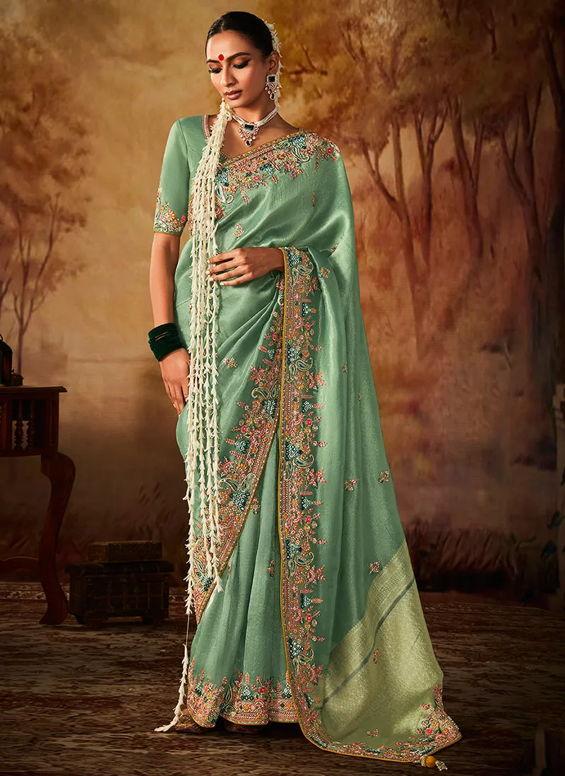 Mint Green Multi Embroidery Banarasi Kanjivaram Silk Saree