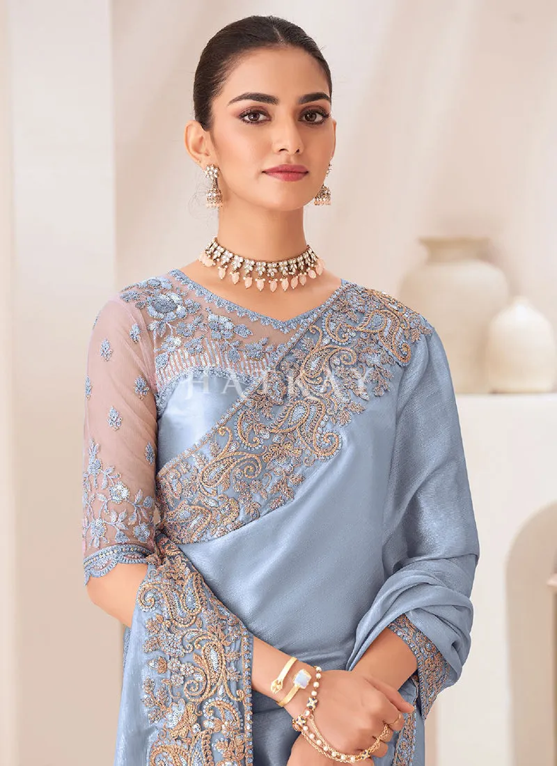Mist Blue Embroidery Saree