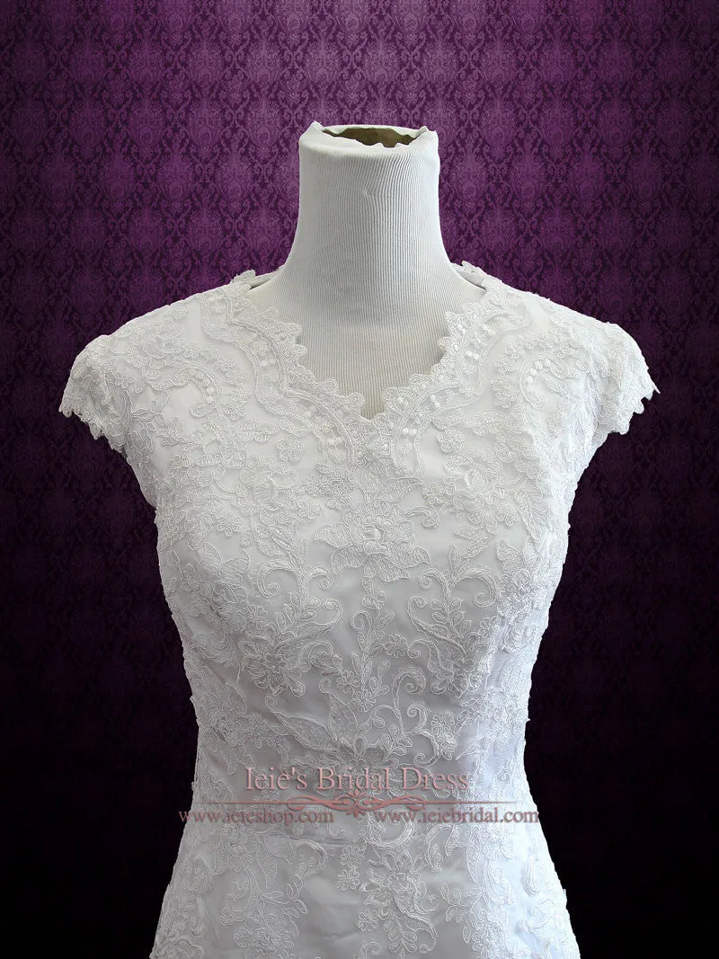 Modest Vintage Lace Wedding Dress with Cap Sleeves | Sally