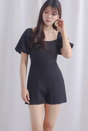 Monika Stripes Emboss Puffy Sleeve Romper In Black