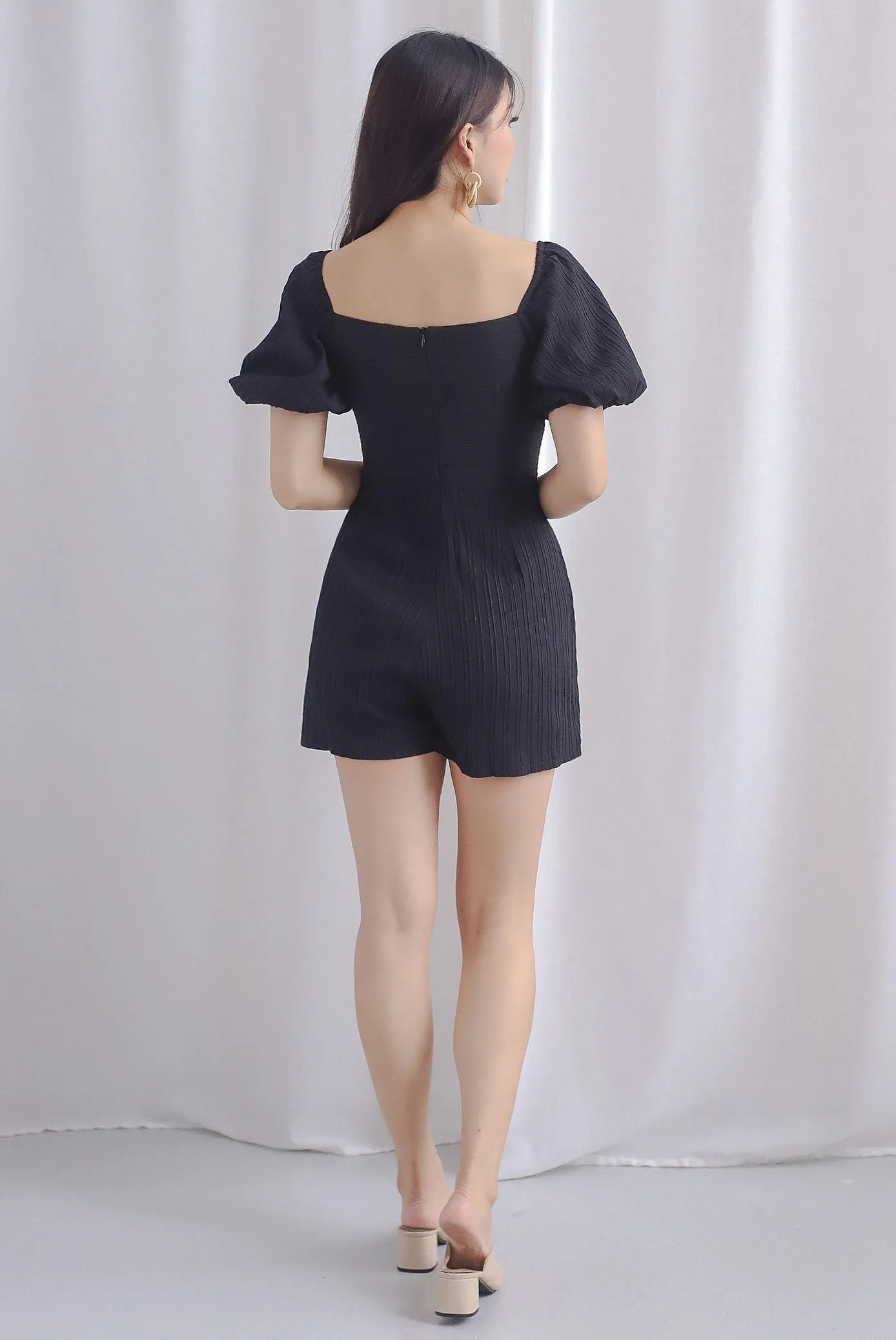Monika Stripes Emboss Puffy Sleeve Romper In Black