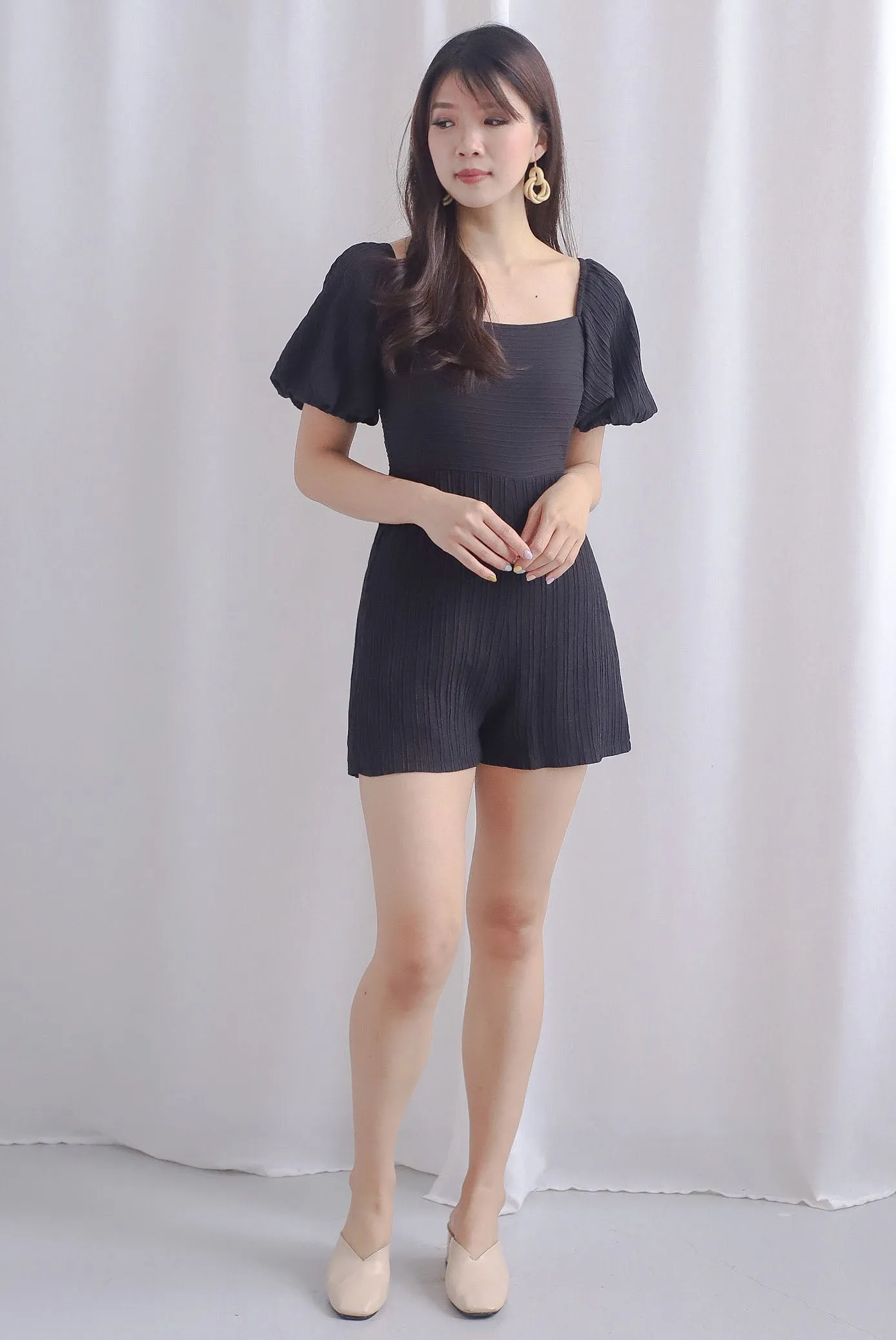 Monika Stripes Emboss Puffy Sleeve Romper In Black