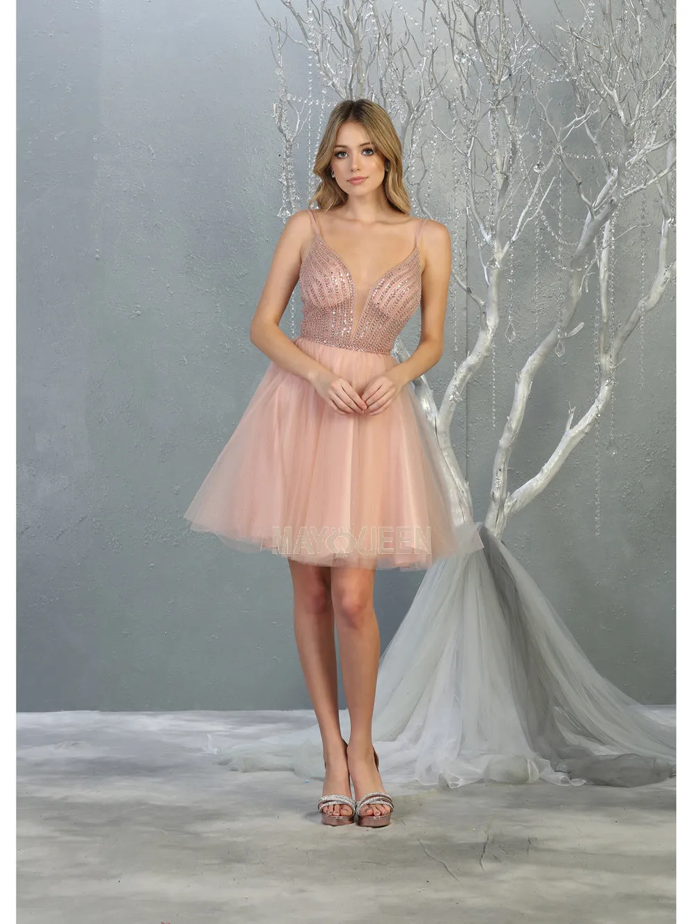 MQ 1800 - Shimmer Tulle A-Line Homecoming Dress with Sheer Beaded Bodice