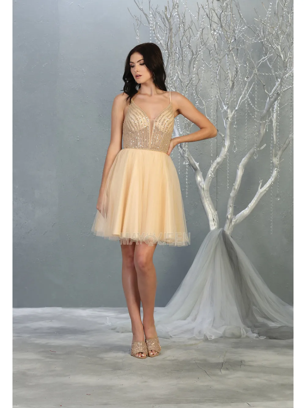 MQ 1800 - Shimmer Tulle A-Line Homecoming Dress with Sheer Beaded Bodice