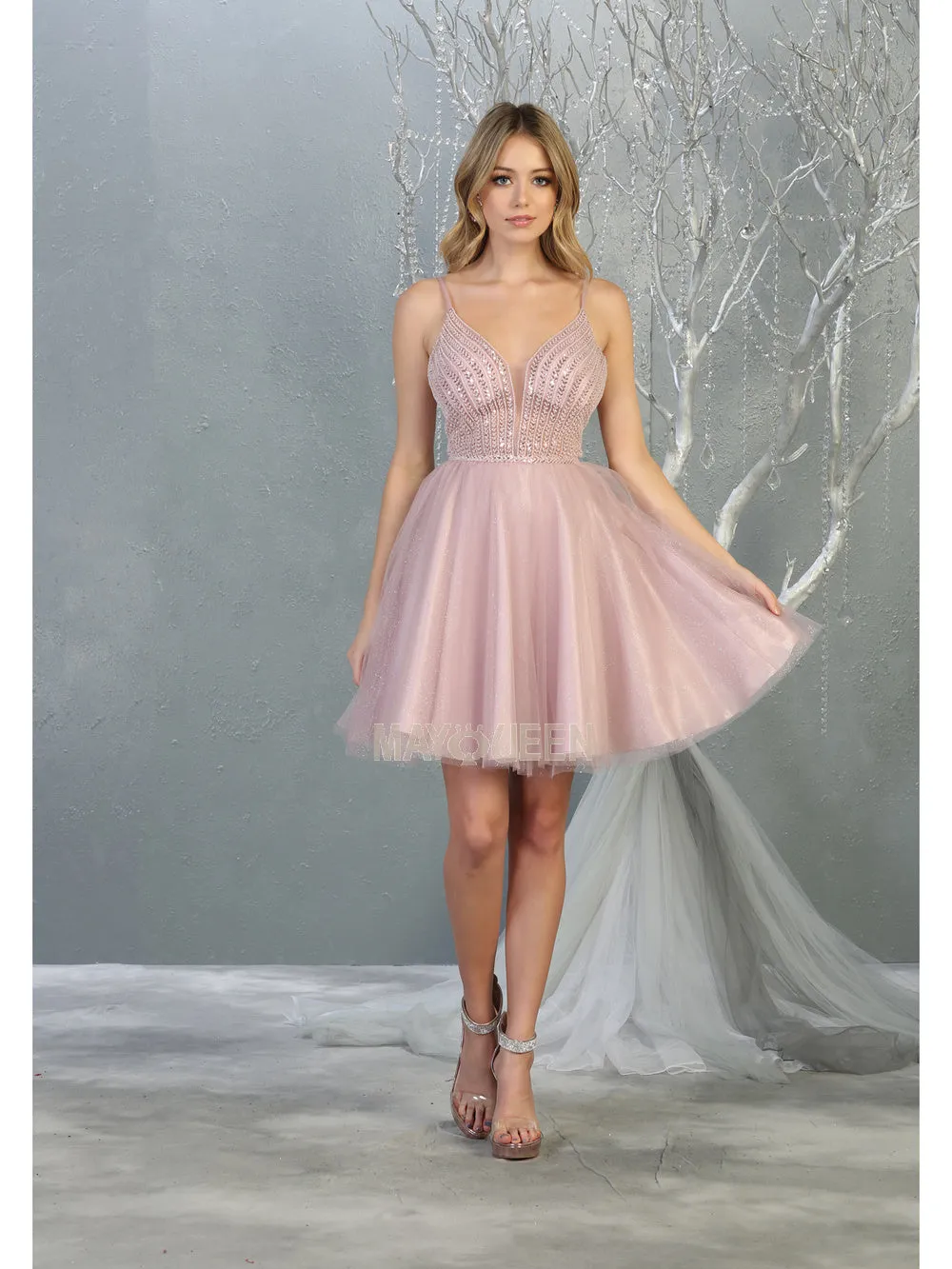 MQ 1800 - Shimmer Tulle A-Line Homecoming Dress with Sheer Beaded Bodice