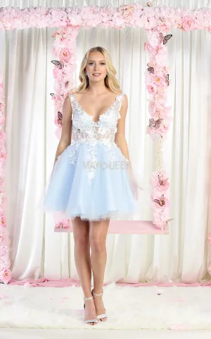 MQ 1863 - Short A-Line Homecoming Dress with 3D Applique Sheer Bodice V-Neck & Layered Tulle Skirt