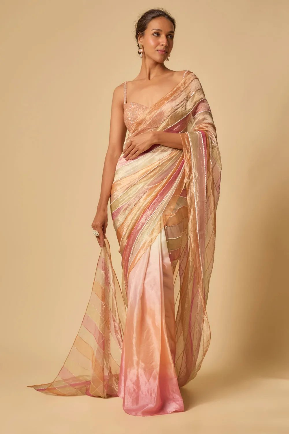 Multi Colour Embroidered Tissue And Ombre Pre-Stitched Saree With Embroidered Blouse