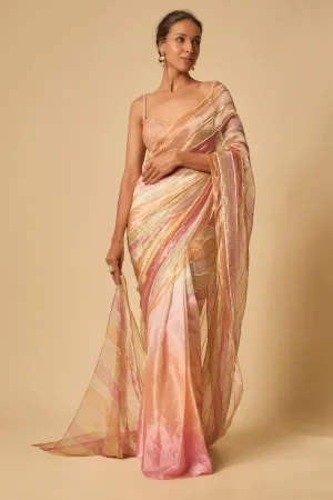 Multi Colour Embroidered Tissue And Ombre Pre-Stitched Saree With Embroidered Blouse
