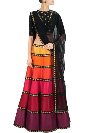 Multicolour tones of Orange Red Lehenga Set