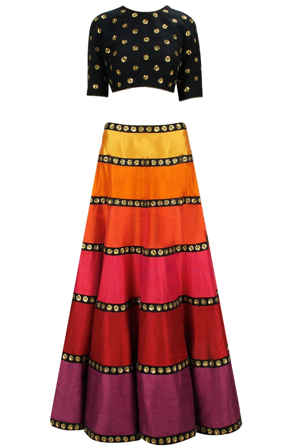 Multicolour tones of Orange Red Lehenga Set