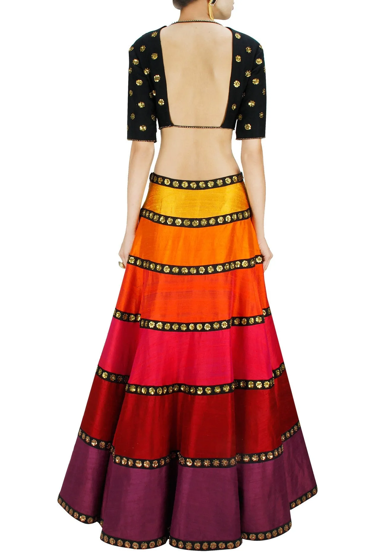 Multicolour tones of Orange Red Lehenga Set