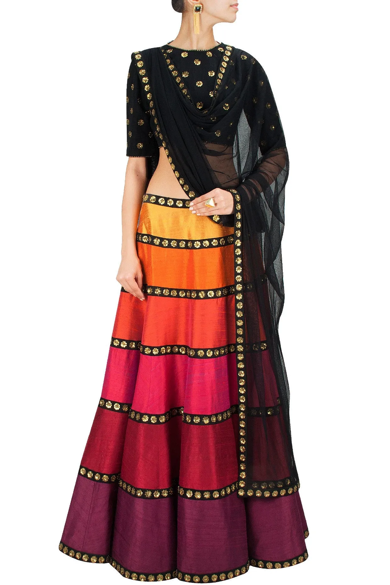 Multicolour tones of Orange Red Lehenga Set