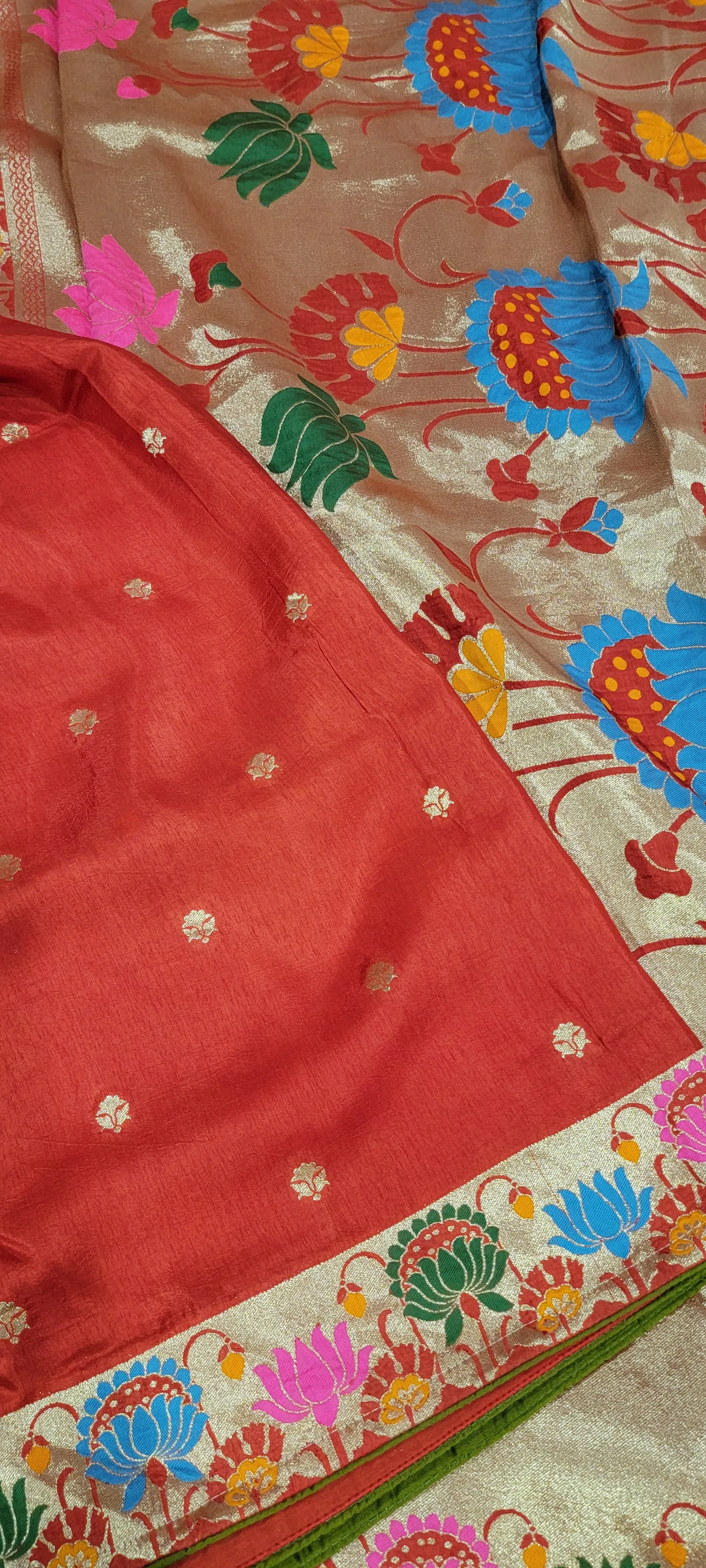Munga Silk Red Saree with Green Contrast Blouse