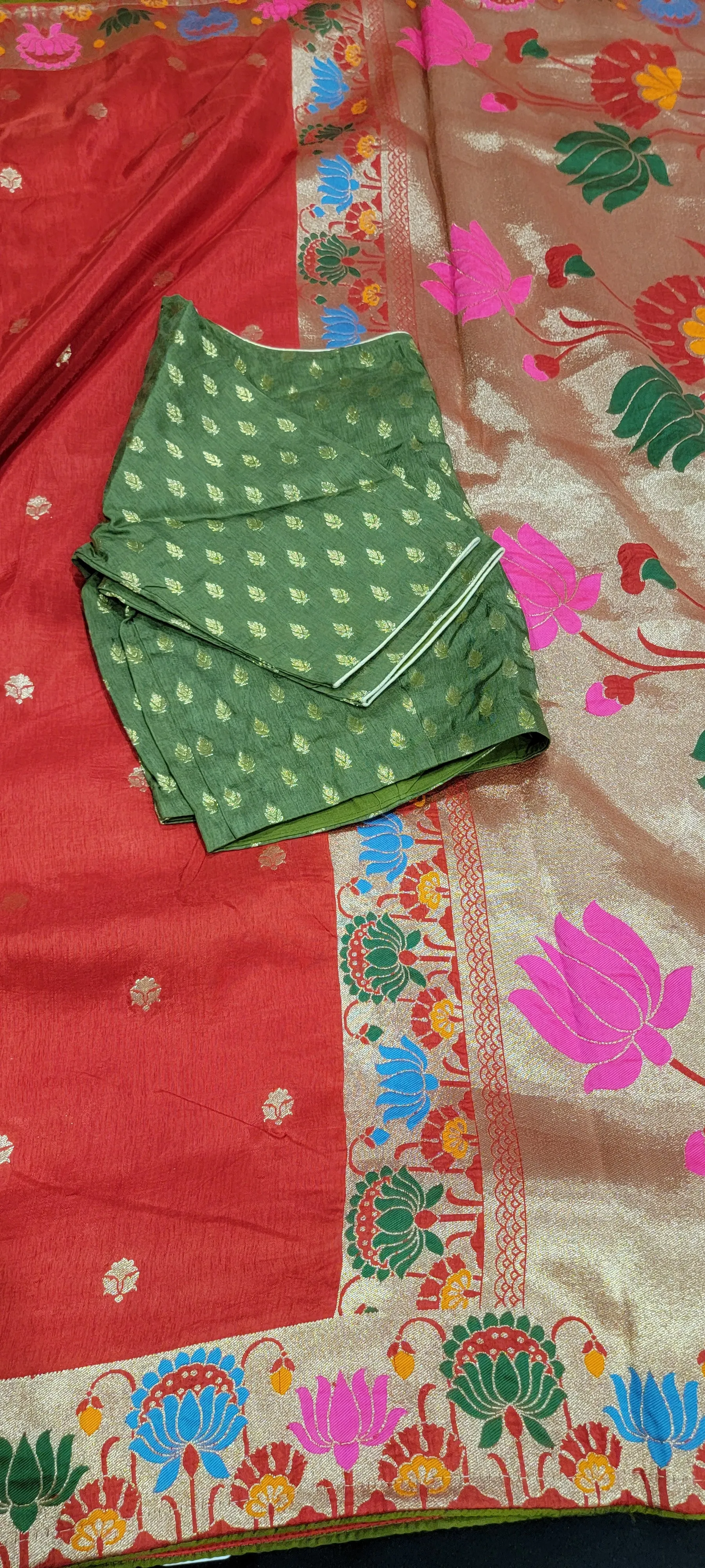 Munga Silk Red Saree with Green Contrast Blouse