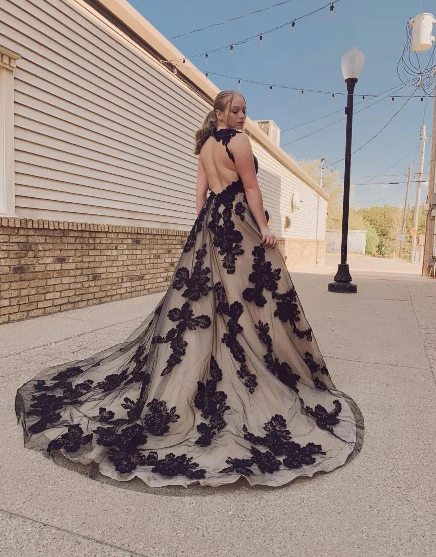 Nala | Black Champagne Open Back Court Train Wedding Dress With Appliques