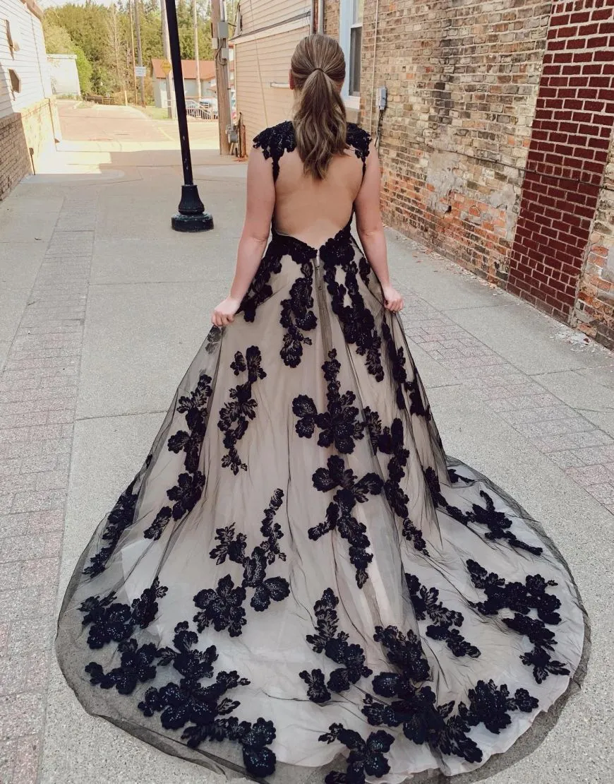 Nala | Black Champagne Open Back Court Train Wedding Dress With Appliques
