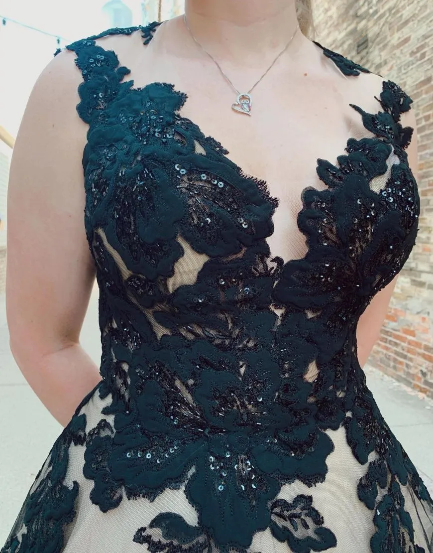 Nala | Black Champagne Open Back Court Train Wedding Dress With Appliques